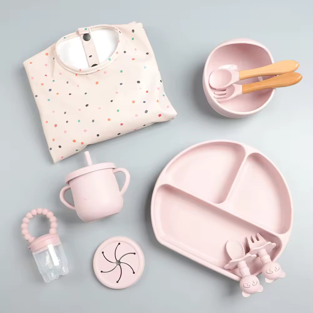 Silicone Baby Weaning Set in Pastel Pink | 100% food grade BPA free silicone | The Cub Co UK