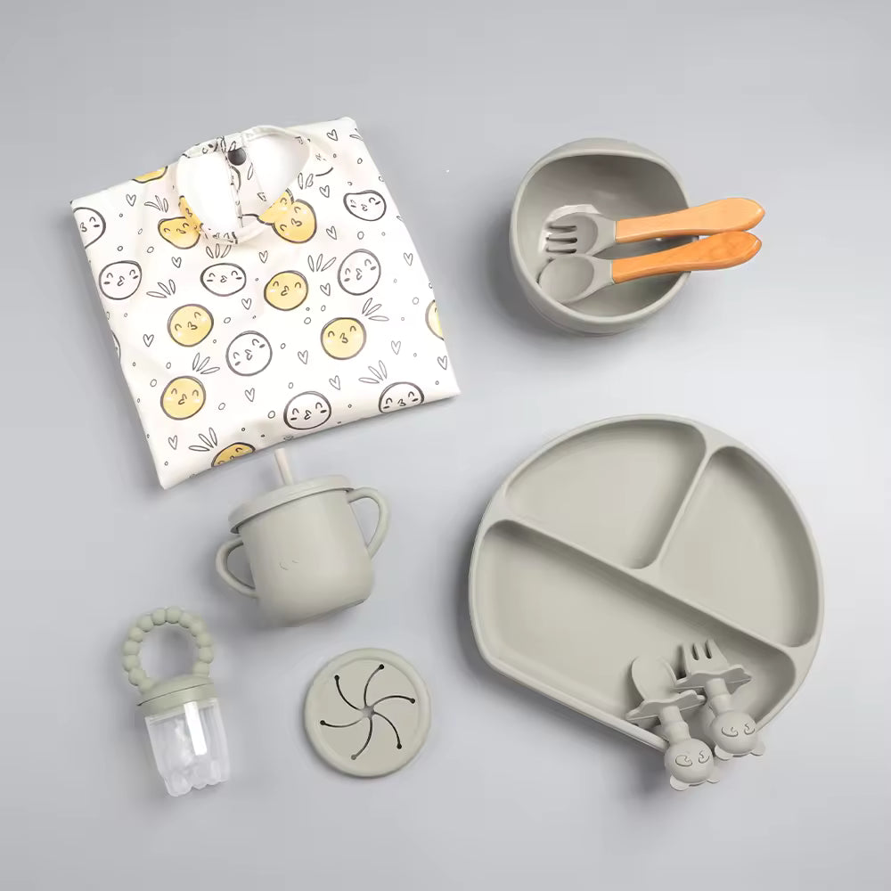 Silicone Baby Weaning Set in Khaki | 100% food grade BPA free silicone | The Cub Co UK